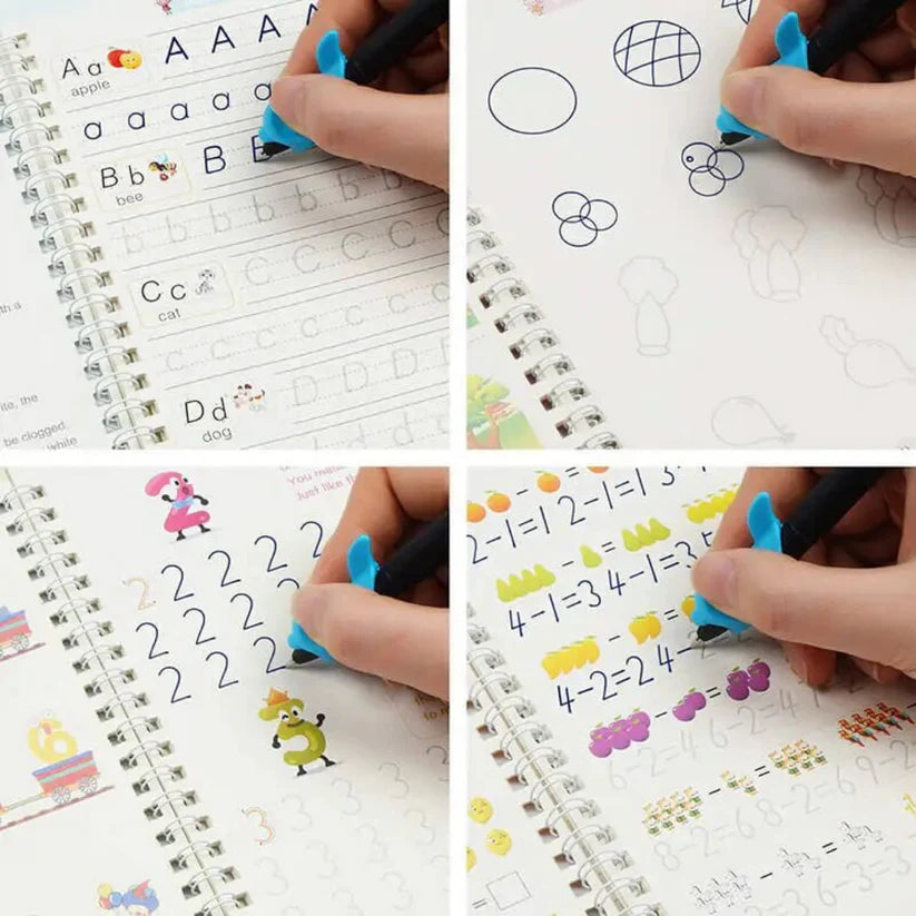 SET DE 4 CUADERNOS MAGICOS PARA aprender CALIGRAFIA, MATEMATICAS, ALFABETO, DIBUJO, NUMEROS E INGLES
