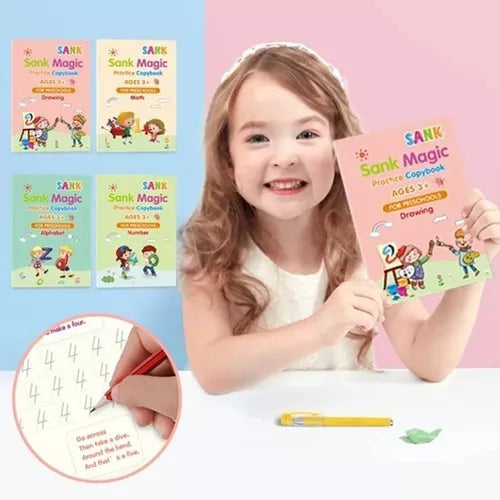 SET DE 4 CUADERNOS MAGICOS PARA aprender CALIGRAFIA, MATEMATICAS, ALFABETO, DIBUJO, NUMEROS E INGLES
