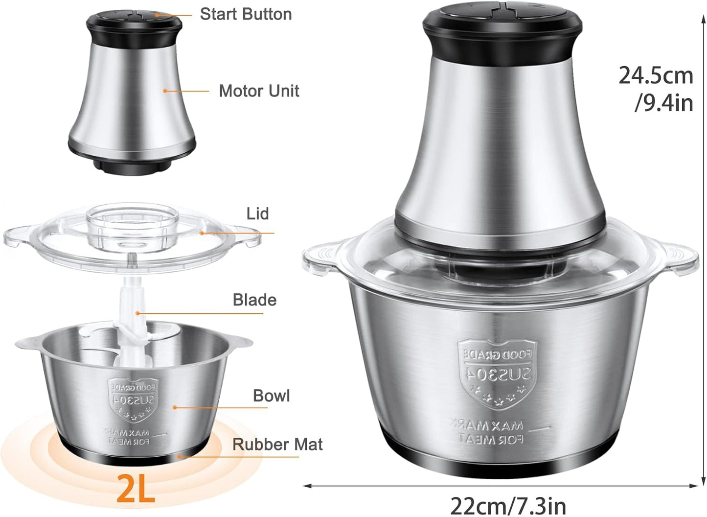 ChefPro: Picador y Triturador Eléctrico de Acero Inoxidable 2 L – Potente, Rápido y Fácil de Usar