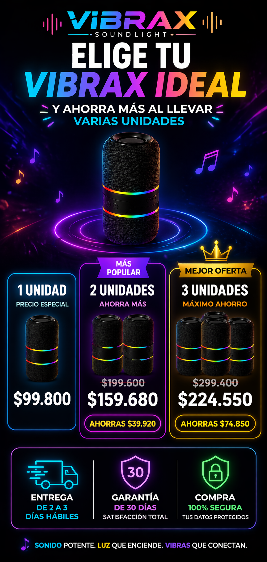 Vibrax Sound & Light: Parlante Magnético Divisible con Sonido Envolvente y Luces LED