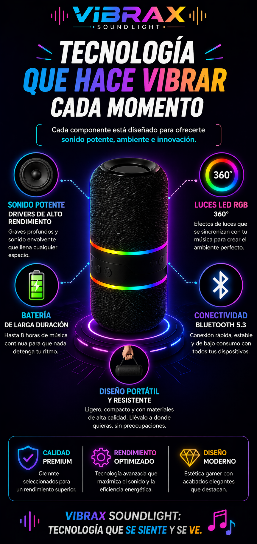 Vibrax Sound & Light: Parlante Magnético Divisible con Sonido Envolvente y Luces LED