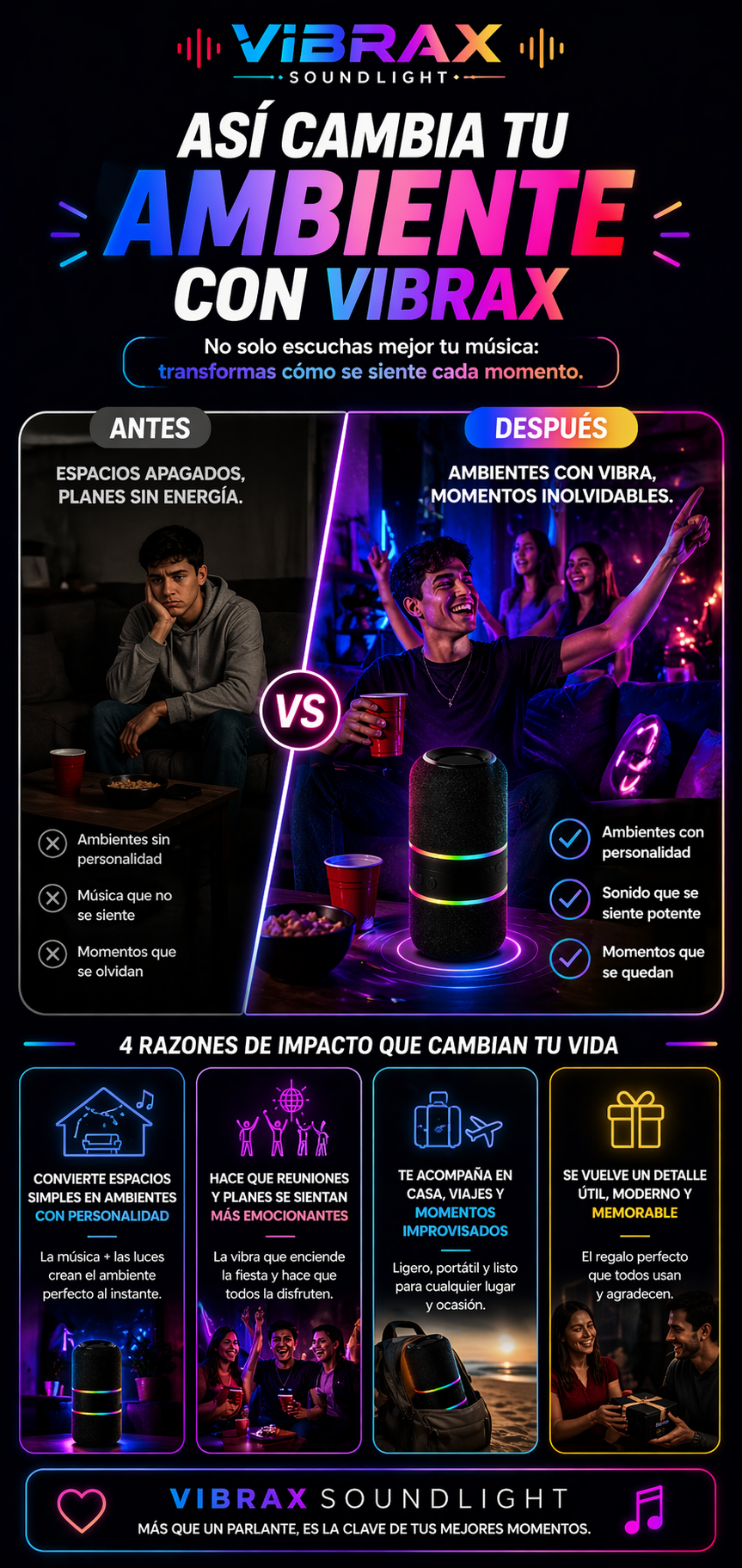 Vibrax Sound & Light: Parlante Magnético Divisible con Sonido Envolvente y Luces LED