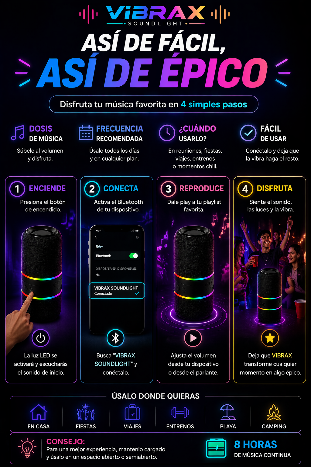 Vibrax Sound & Light: Parlante Magnético Divisible con Sonido Envolvente y Luces LED