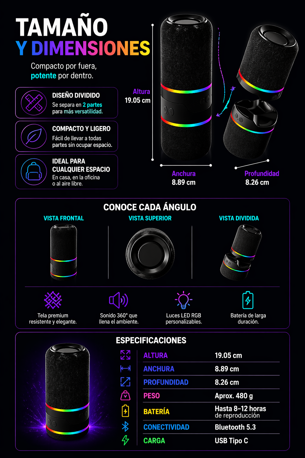 Vibrax Sound & Light: Parlante Magnético Divisible con Sonido Envolvente y Luces LED