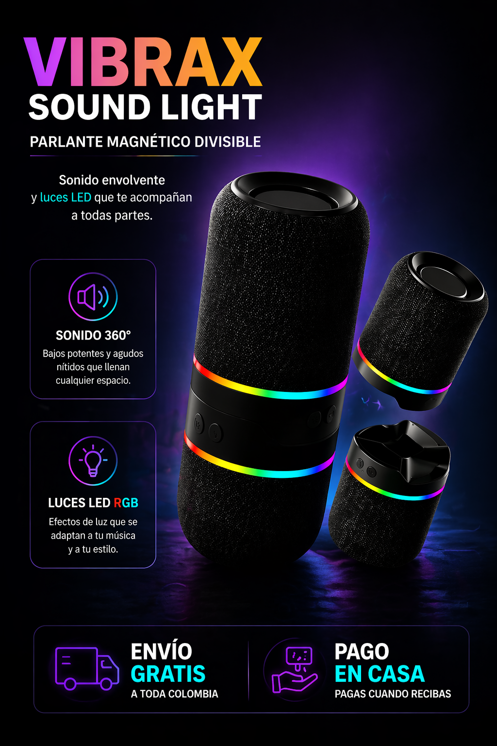 Vibrax Sound & Light: Parlante Magnético Divisible con Sonido Envolvente y Luces LED