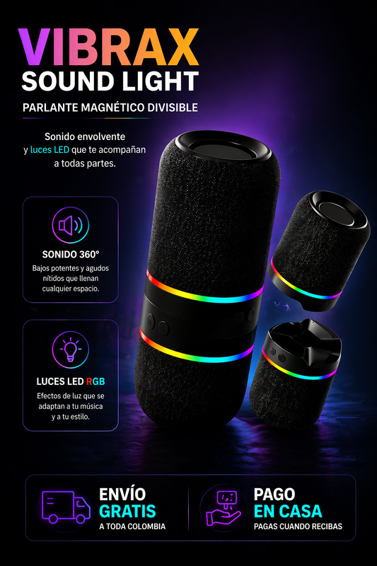 Vibrax Sound & Light: Parlante Magnético Divisible con Sonido Envolvente y Luces LED