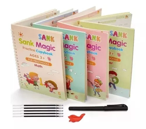 SET DE 4 CUADERNOS MAGICOS PARA  aprender CALIGRAFIA, MATEMATICAS, ALFABETO, DIBUJO, NUMEROS E INGLES